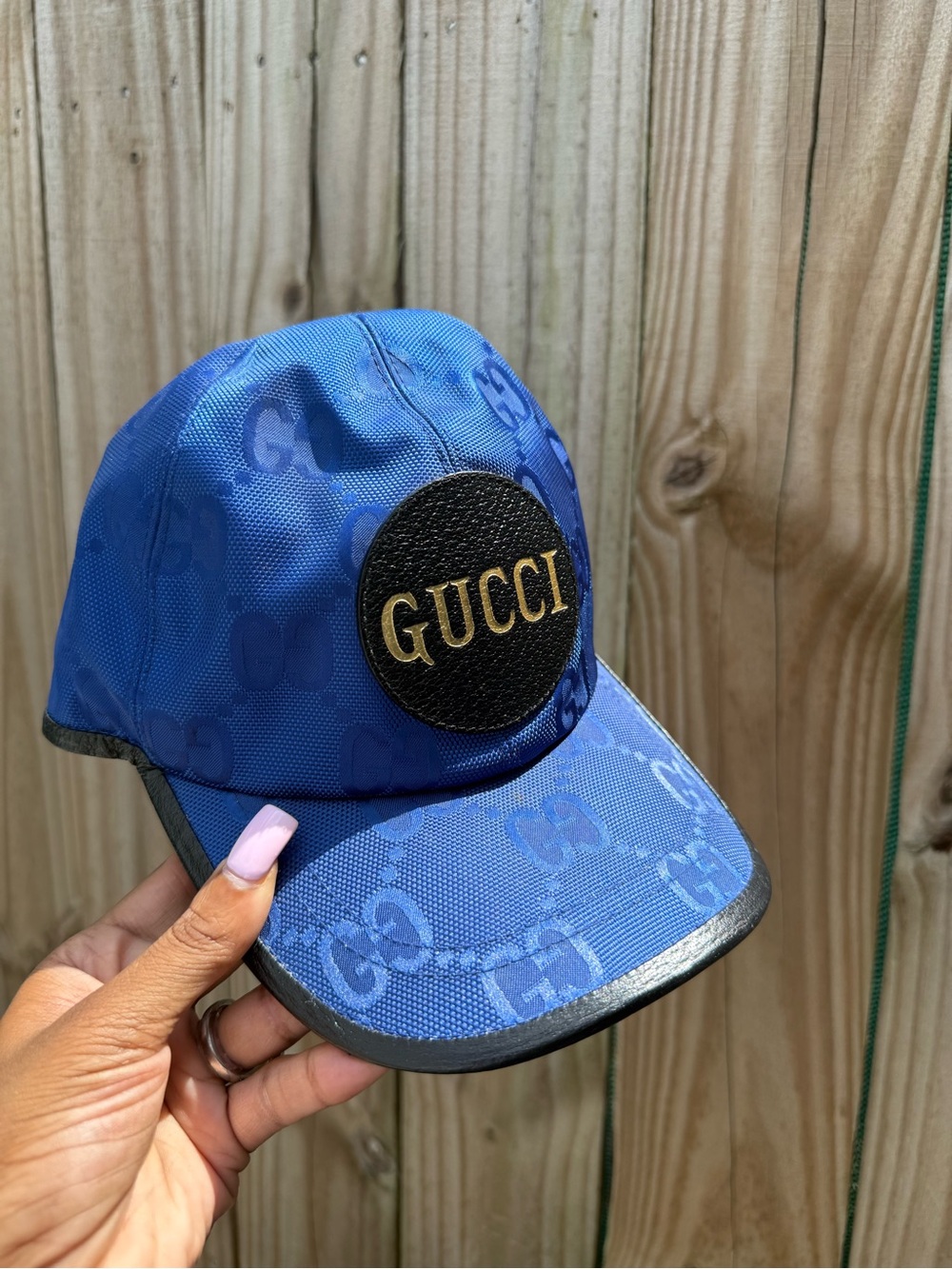 Gucci Royal Blue GG Logo Cap with Black Leather Patch